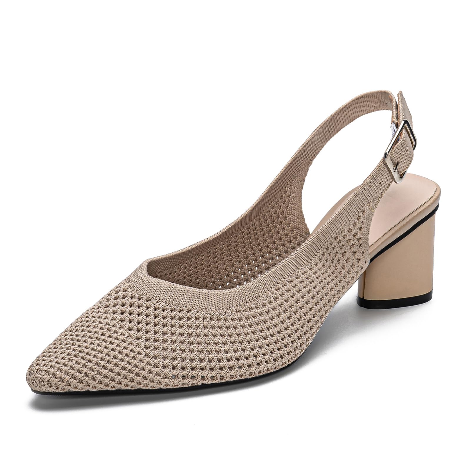 youngshow Womens Adjustable Slingback Heels, Pointed Toe Mid-Low Heel, Cute Knitted Slip On Work Pumps Dress Shoes