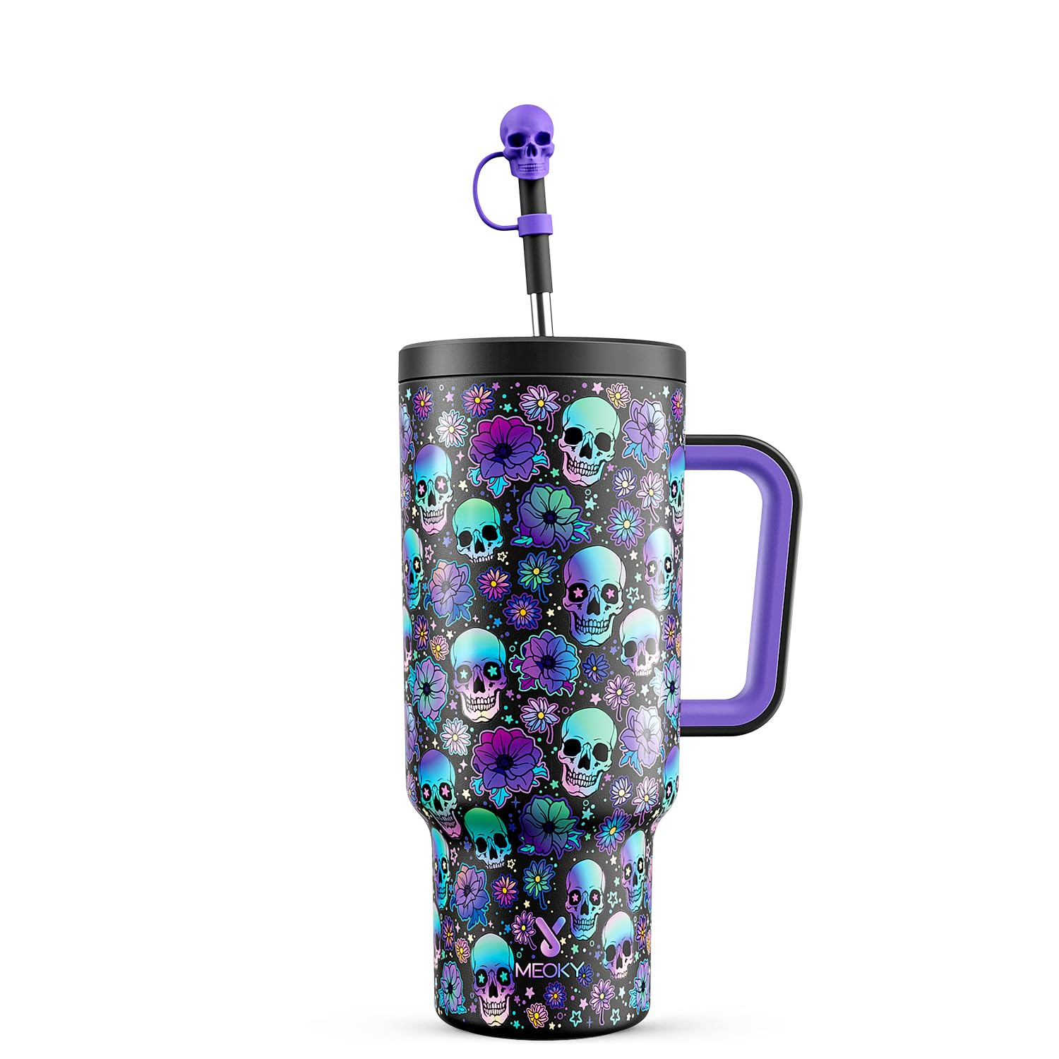 Meoky 40 oz Halloween Tumbler with Handle and Straw, Tumbler with Lid and Straw, Insulated Stainless Steel Travel Mug, 100% Leak-proof, Keeps Cold for 34 Hours or Hot for 10 Hours (Black Skull)