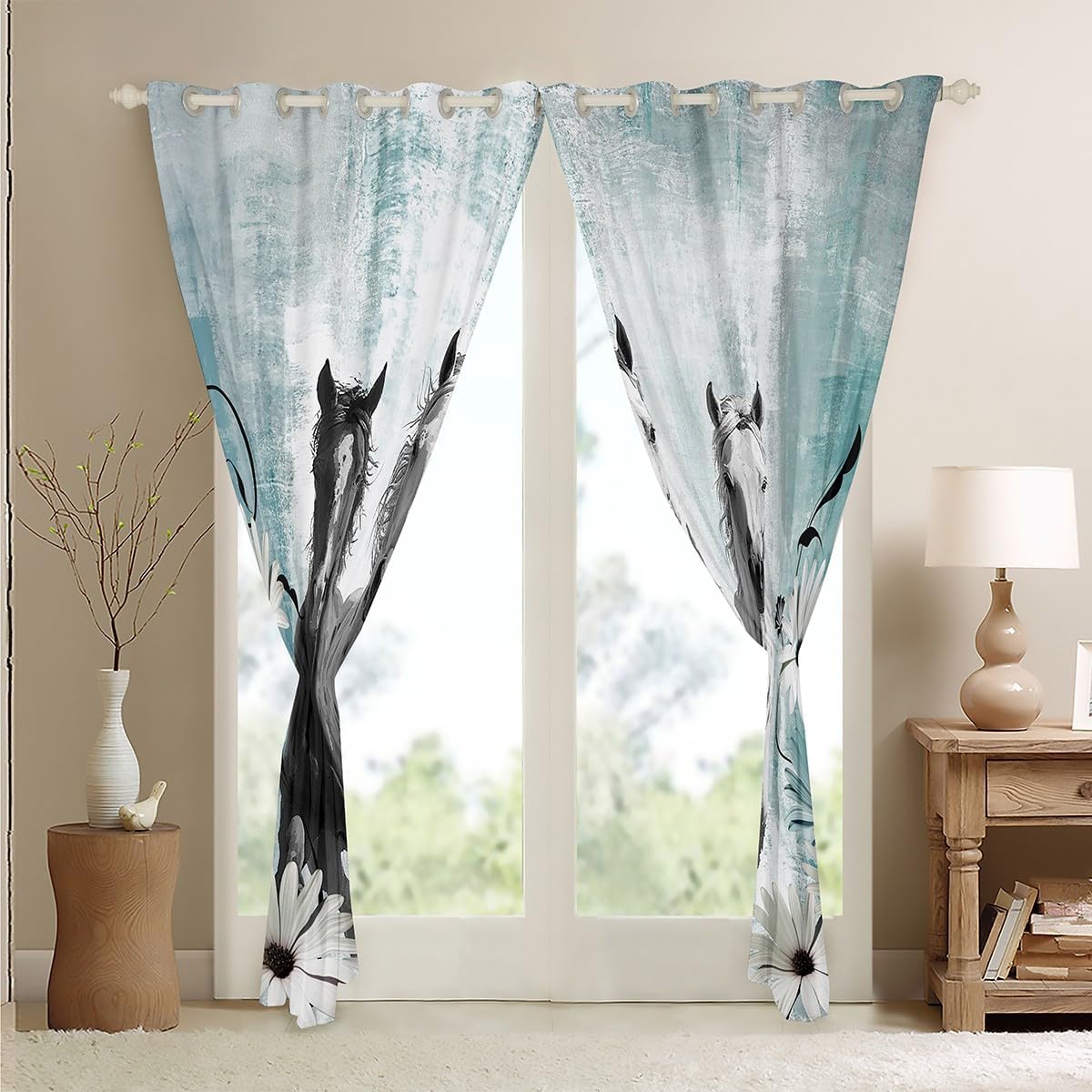Horse Blackout Curtains Horse Gifts for Girls,Farm Animals Curtains Teal Graffiti Ombre Art Curtains & Drapes Rustic Daisy Flowers Curtains,Cowboy Cowgirl Western Farmhouse Decor 2 Panels 42"Wx63"L
