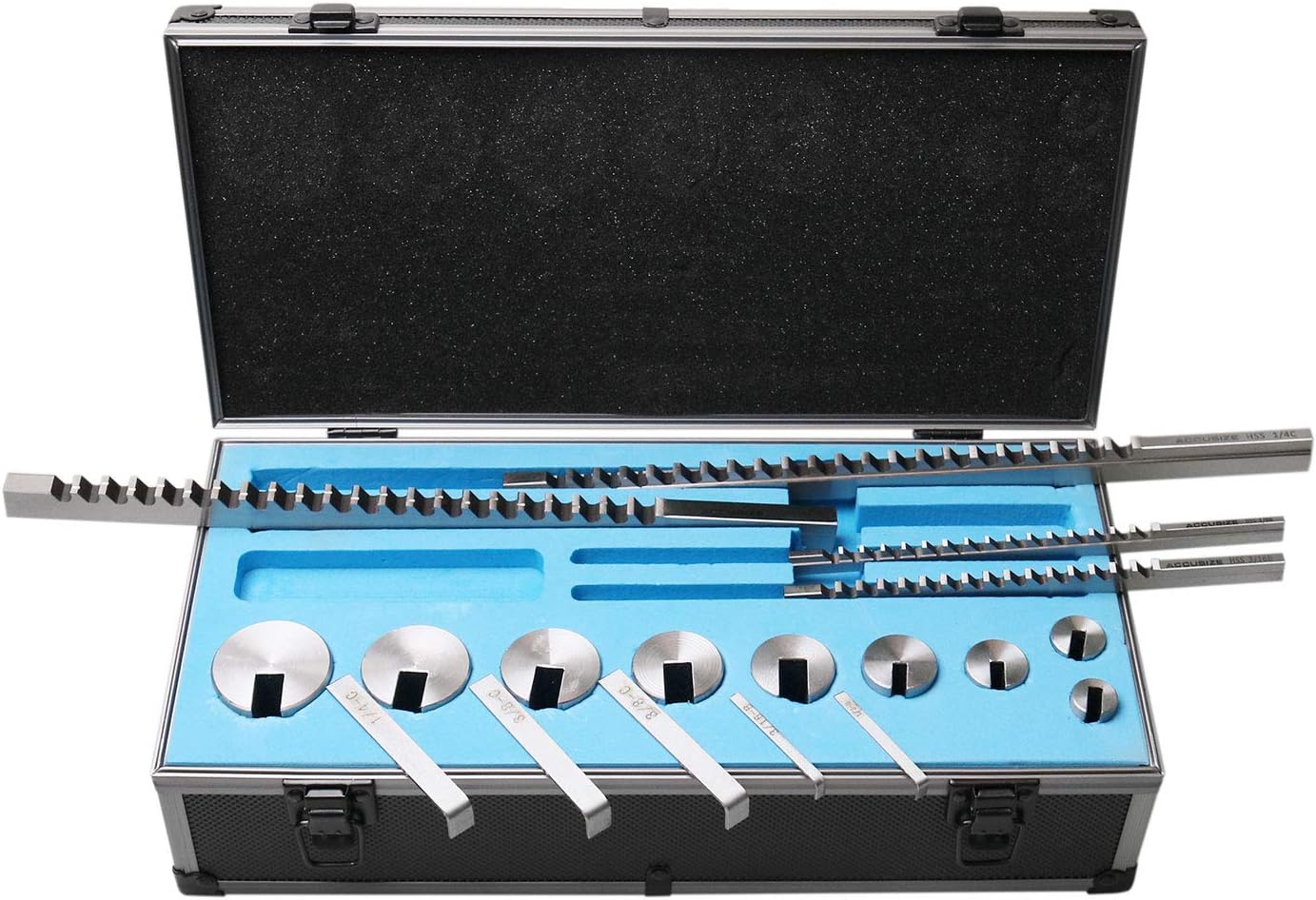 Accusize Industrial Tools - No.10 HSS Keyway Broach Set, 18 Pcs with Precision Ground Teeth, Includes 4 Broaches & 9 Bushings, 5100-0010