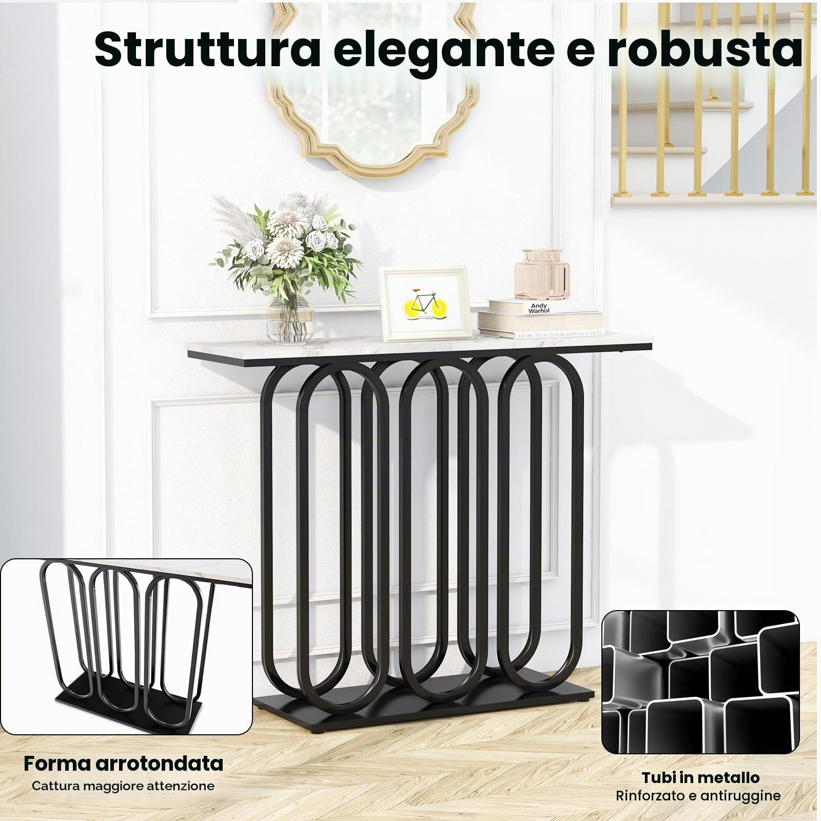 LIFEZEAL Tavolo Console, Tavolo Consolle Nero, Tavolo d’Ingresso, Gambe Circolari, Legno+Metallo, Moderno, Salvaspazio, Antiribaltamento, per Corridoio, Entrata, Soggiorno, Max 75kg, 100x30x80cm