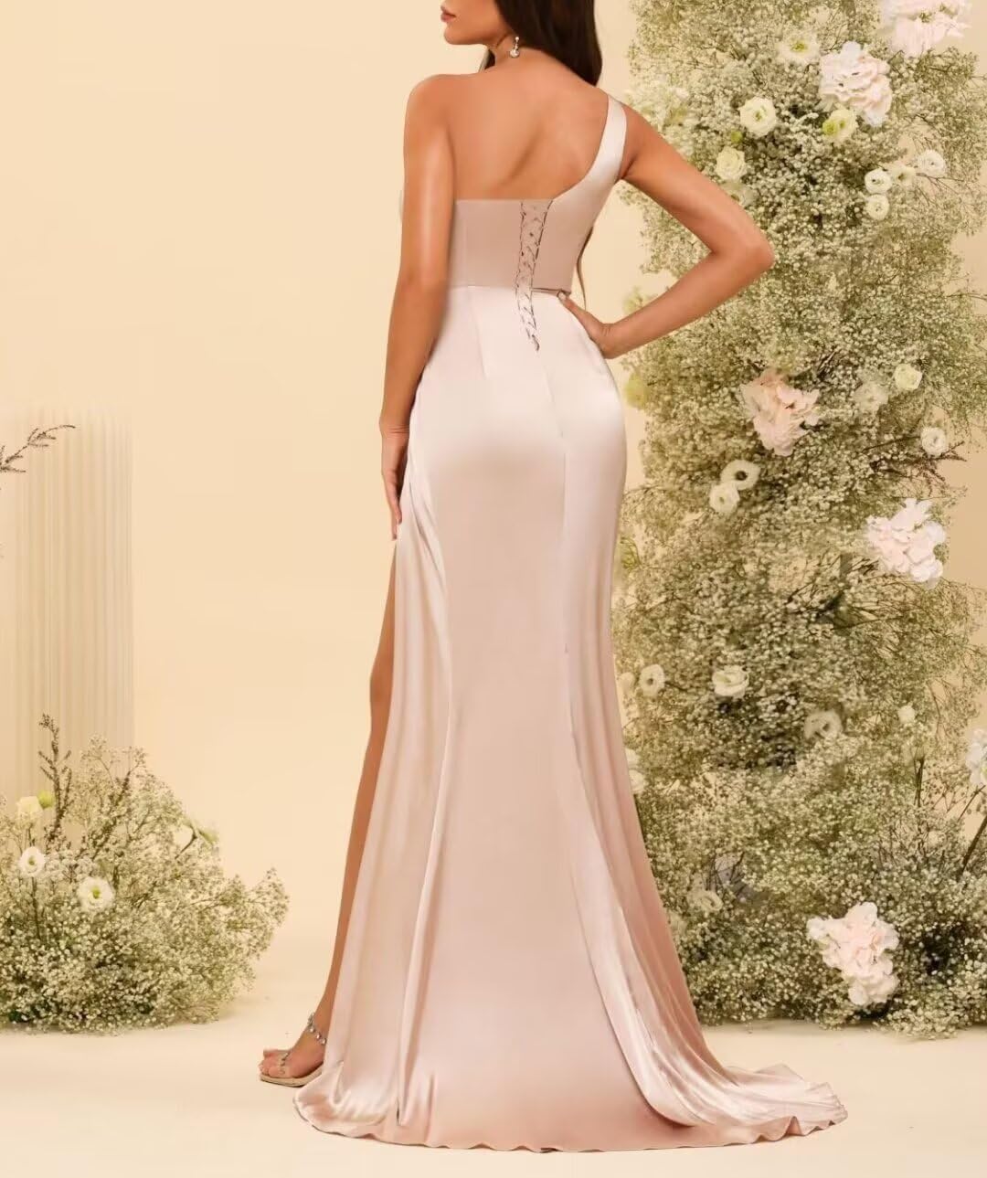 HUINI Satin Brautjungfernkleider - Lang Meerjungfrau EIN-Schulter Elegant Ballkleid mit Schlitz