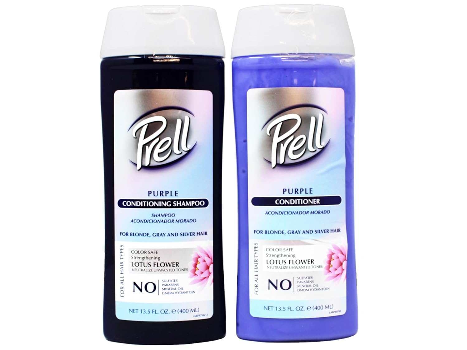 Prell Purple Shampoo + Conditioner Set for Blonde, Bleached, Gray & Silver Hair, Neutralizes Yellow Tones, Color-Safe Hydrating Lotus Flower System, 13.5 fl oz Each