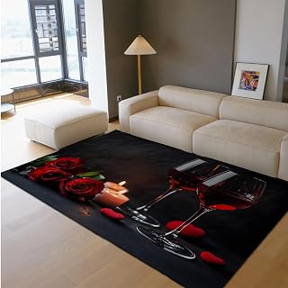 Small Black Area Rug 5'x9' Elegant Red Rose Candlelight Pattern Door Mat for Living Room Bedroom Hotel Restaurant Low Pile Washable
