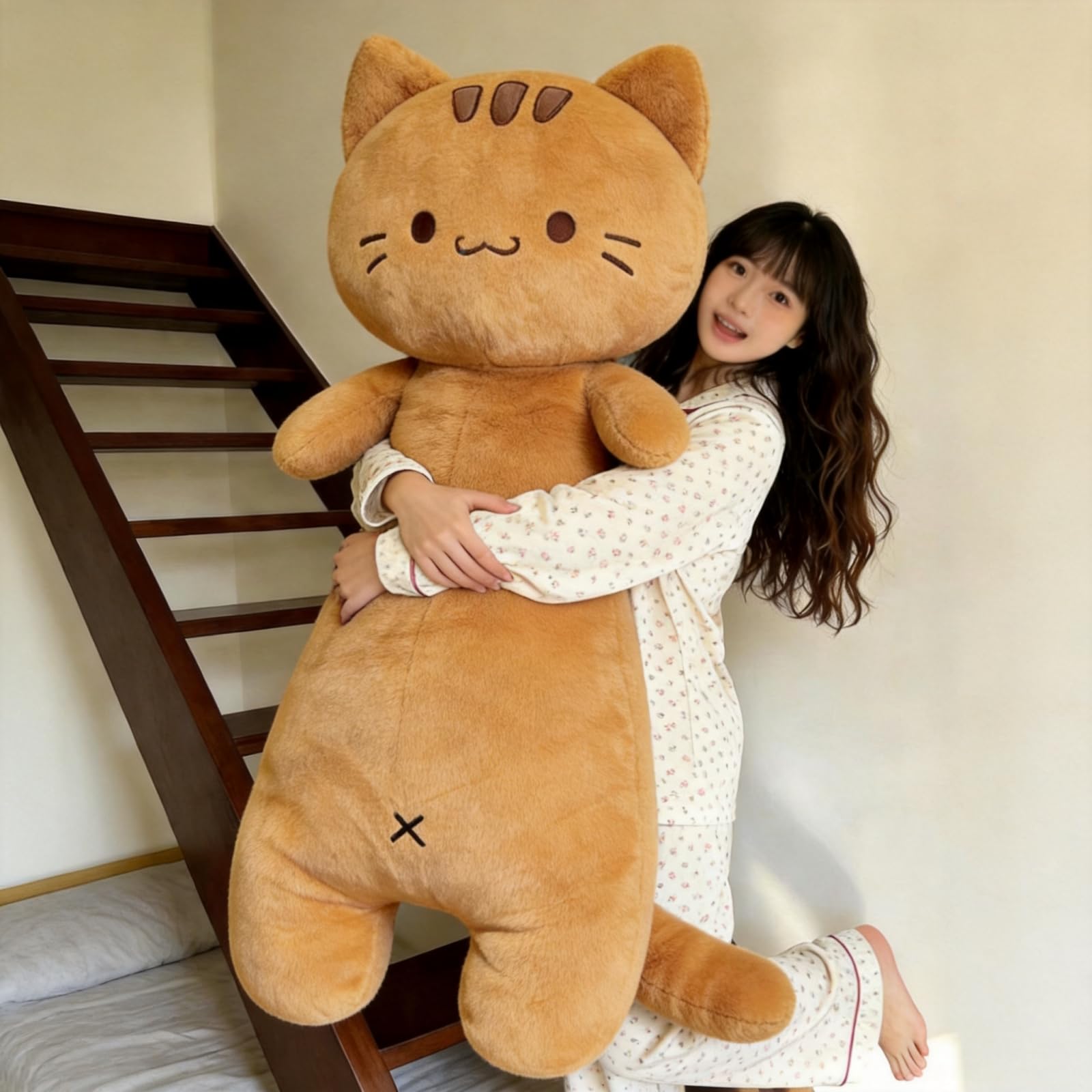 AMOSIJOY Riesen Katze Kuscheltier 60-150cm, Langes Plüschtier Seitenschläferkissen, Kawaii Kater Stofftier, Weiches Schlafkissen Body Pillow, Deko Geschenk für Mädchen Teenager (A,150cm)