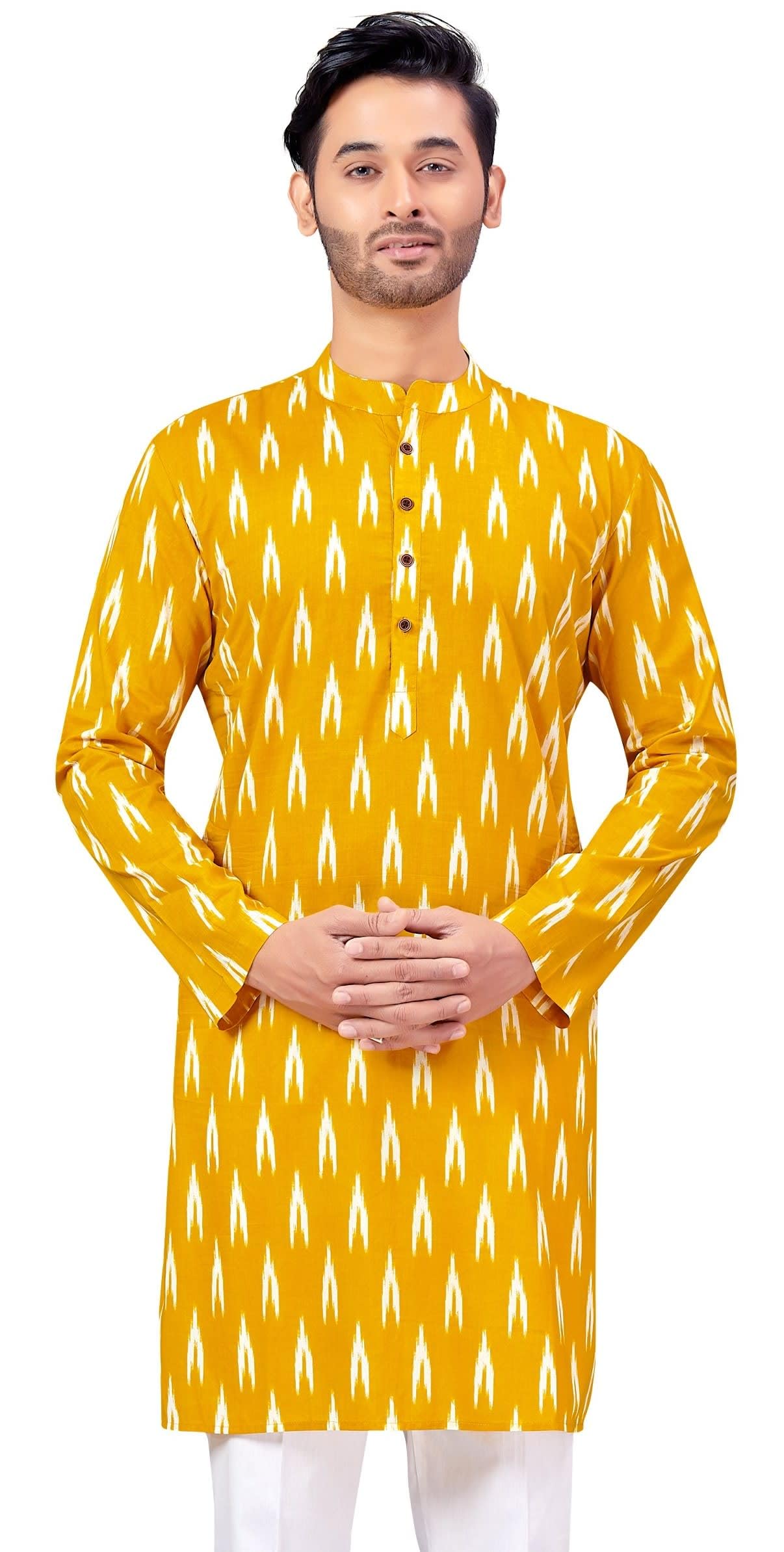 studio shringaar Men 100% Cotton Relaxed Fit Ikkat Block Printed Knee Length Kurta-picture-37