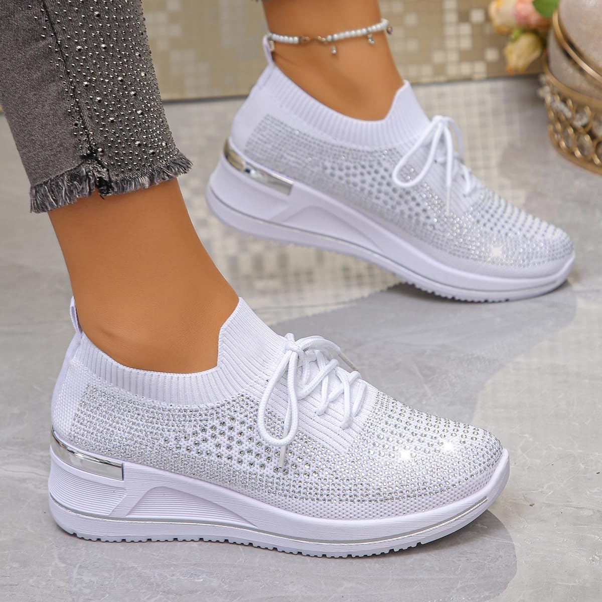 Scarpe da ginnastica da donna con zeppa e strass, alla moda, traspiranti, con strass, senza lacci, ortopediche, zeppa, scarpe da ginnastica scintillanti