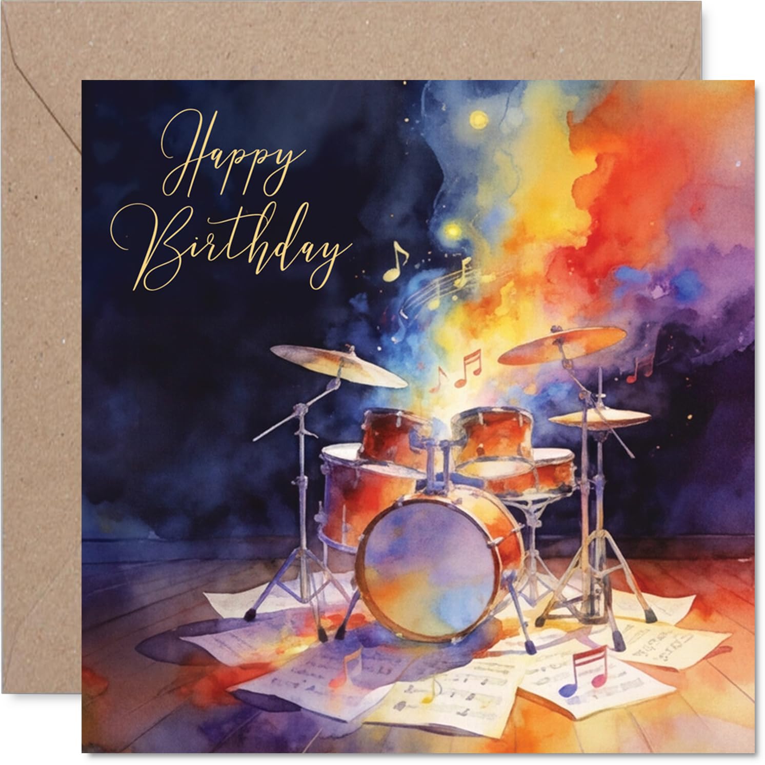 Playful Birthday Card - Strike Up the Celebration - Vibrant Drum Kit and Musical Notes in Lively Watercolour - 145mm Square, Envelope Included