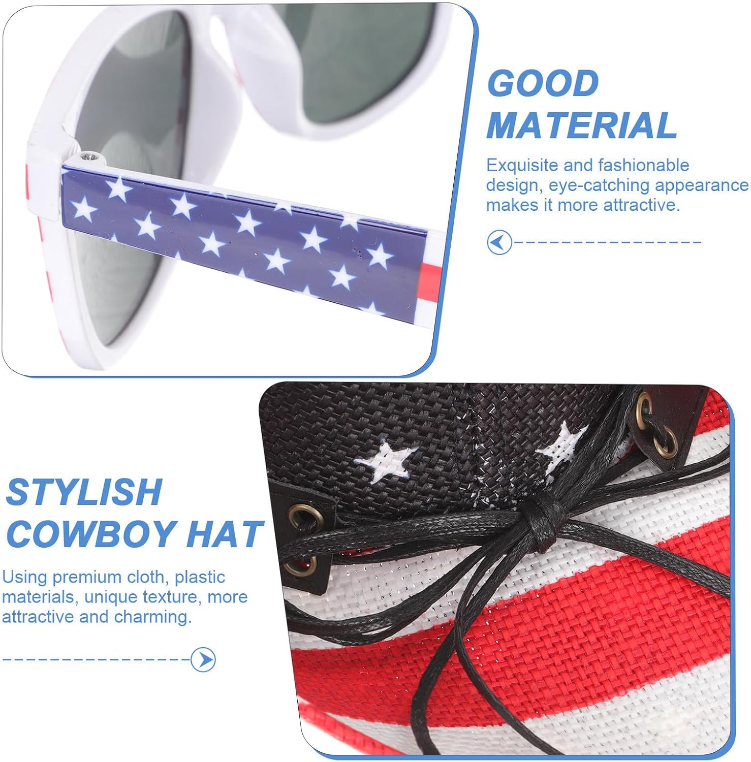 Western Cowboy Hat Glasses with Patriotic Scarf, Design 04 Multi