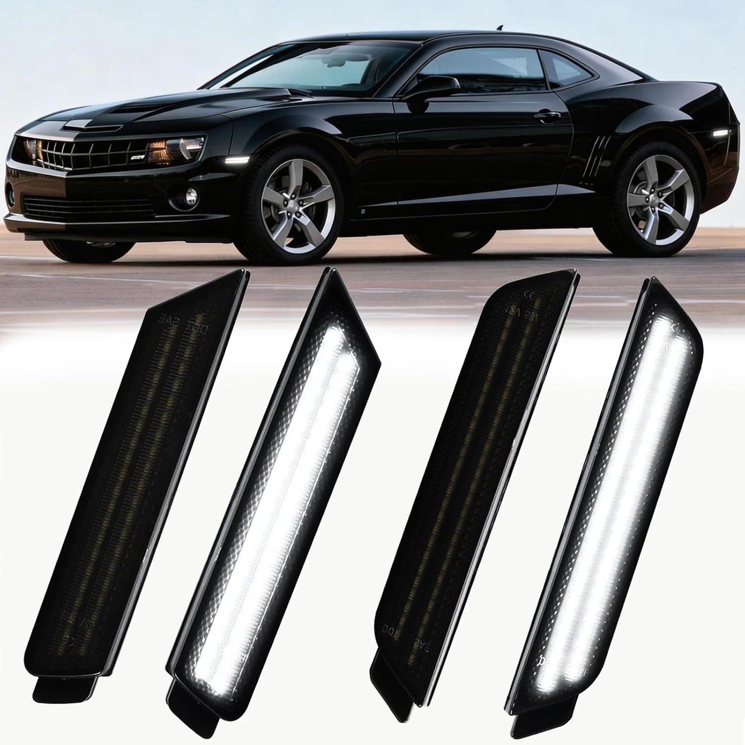 NoxiAnto White Full LED Side Marker Lights for Chevy Camaro 2016-2023, OEM Upgraded White Front & Rear Bumper Marker Lamps Smoked Lens, Pack of 4