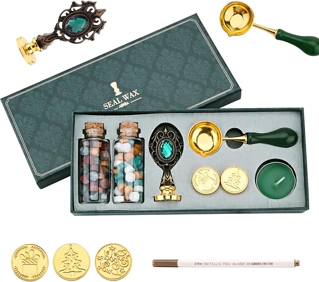 Wax Seal Stamp Kit,Sealing Wax Beads,3 Wax Stamp Christmas Pattern Stamp Heads with Retro Handle,Wax Melting Spoon,Tea Candles,Wax Seal Pens for Envelopes Letters Wedding Invitations Greeting Card