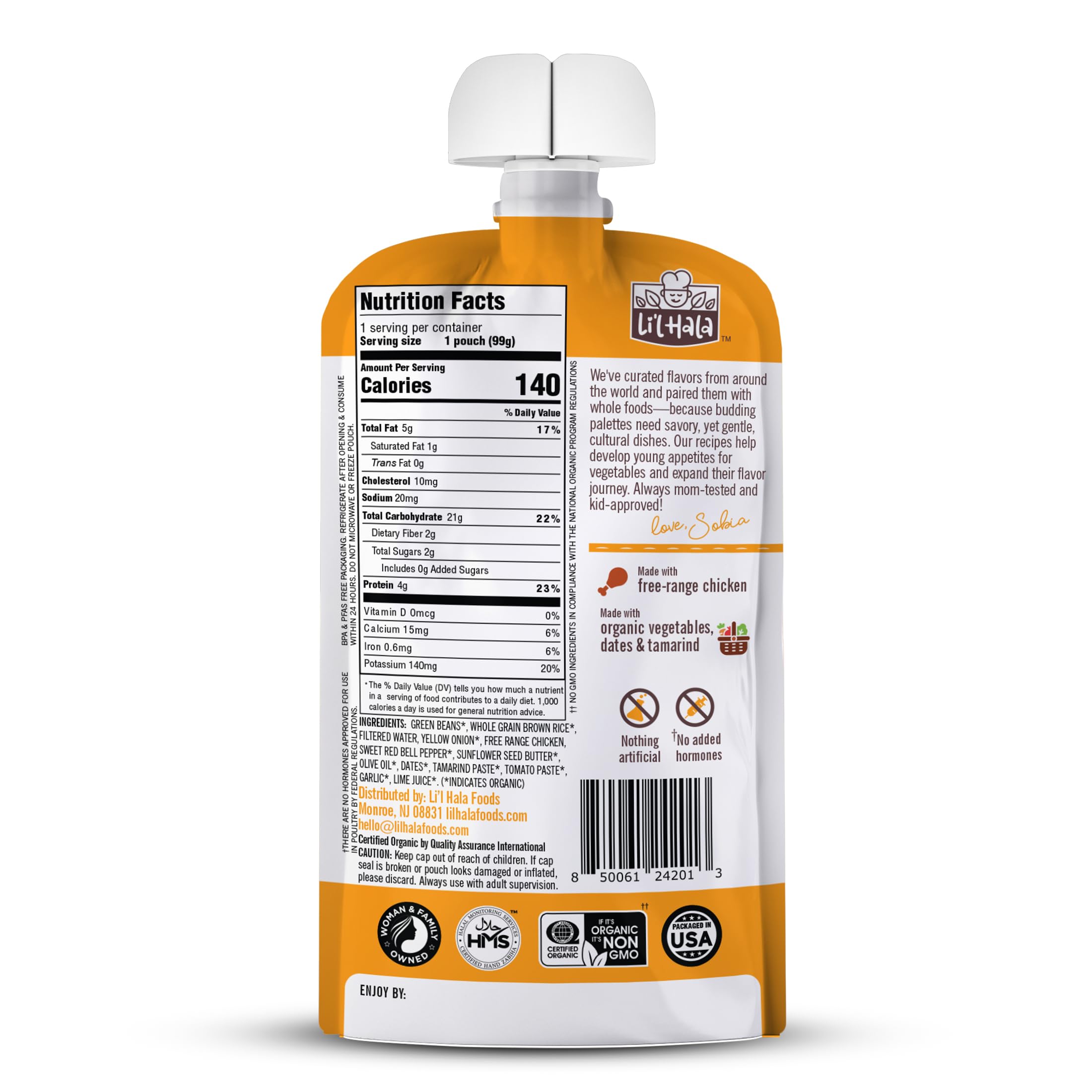 Li’l Hala Chicken Pad Thai – Baby or Toddler Food Pouch (6+ Months) – Free-Range Chicken & Organic Vegetables – No Added Hormones – 3.5 oz - Pack of 12 Pouches