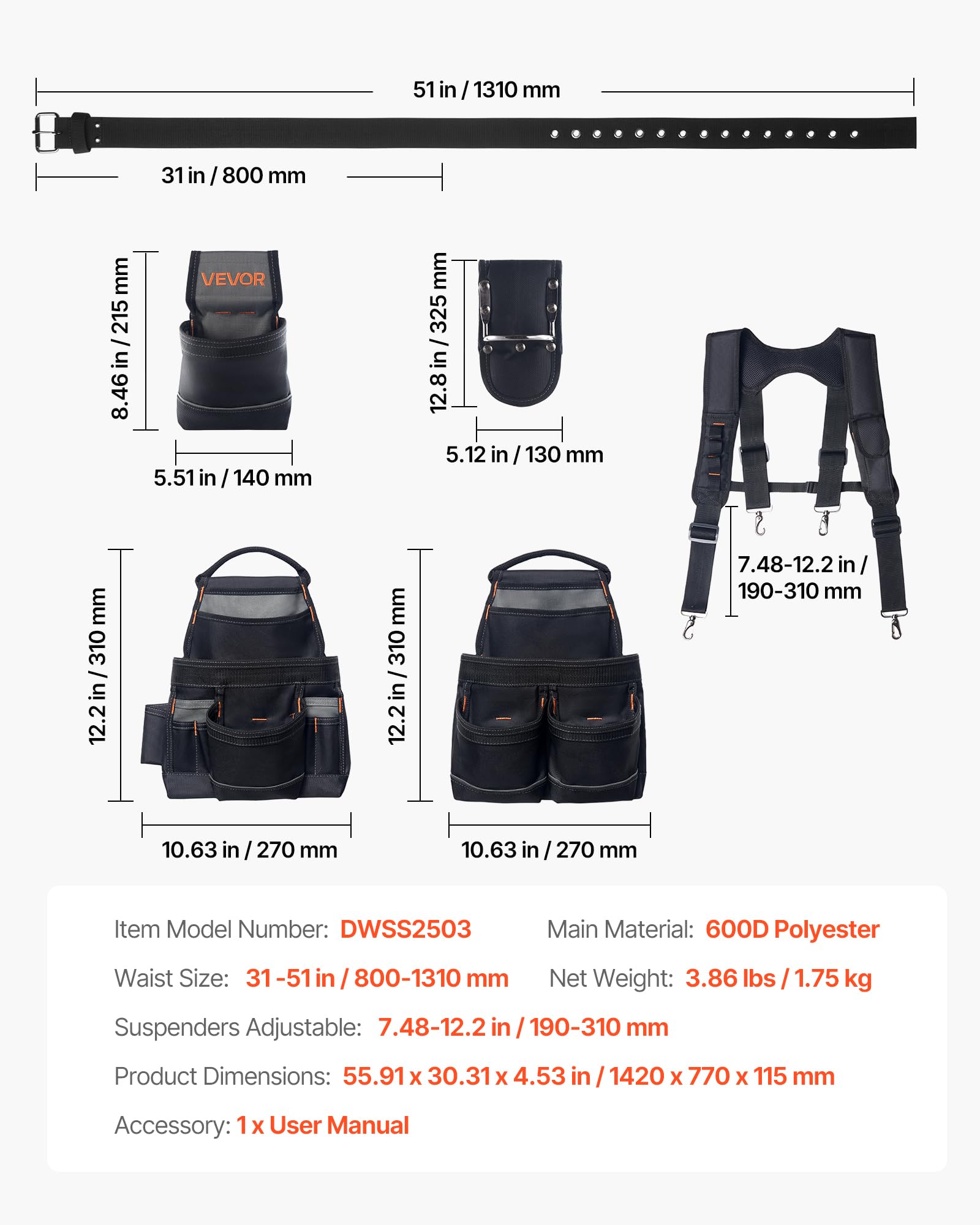 VEVOR Cintura Porta Attrezzi da Lavoro con 19 Tasche e Bretelle, Cintura Portautensili Regolabile da 80-131 cm, Supporto di Sospensione Staccabile per Elettricisti, Carpentieri, Edilizia