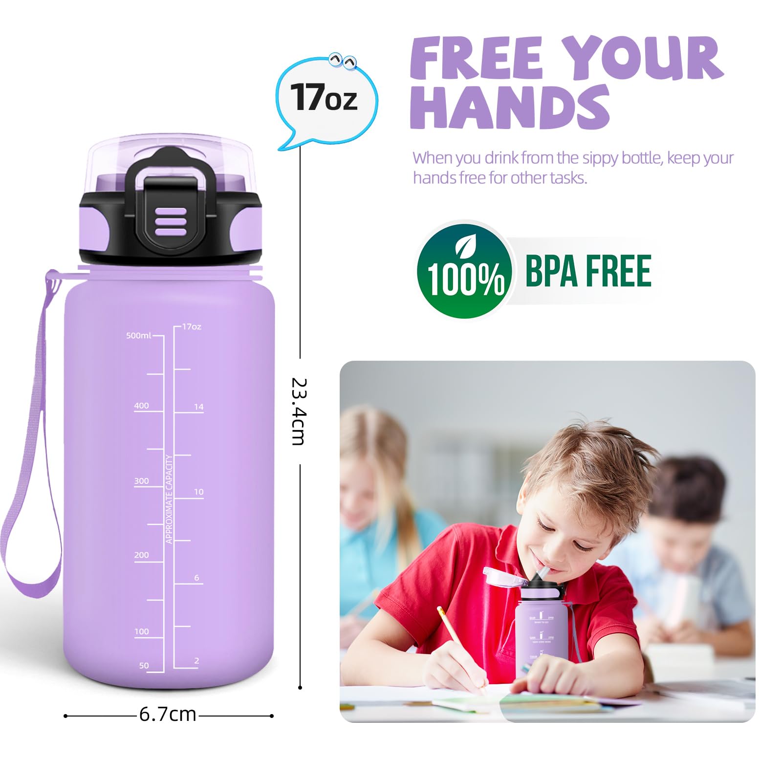 Gourde 500 Ml Avec Paille Et Marqueur De Temps - Sans BPA, étanche - Pour Sport, école, Bureau