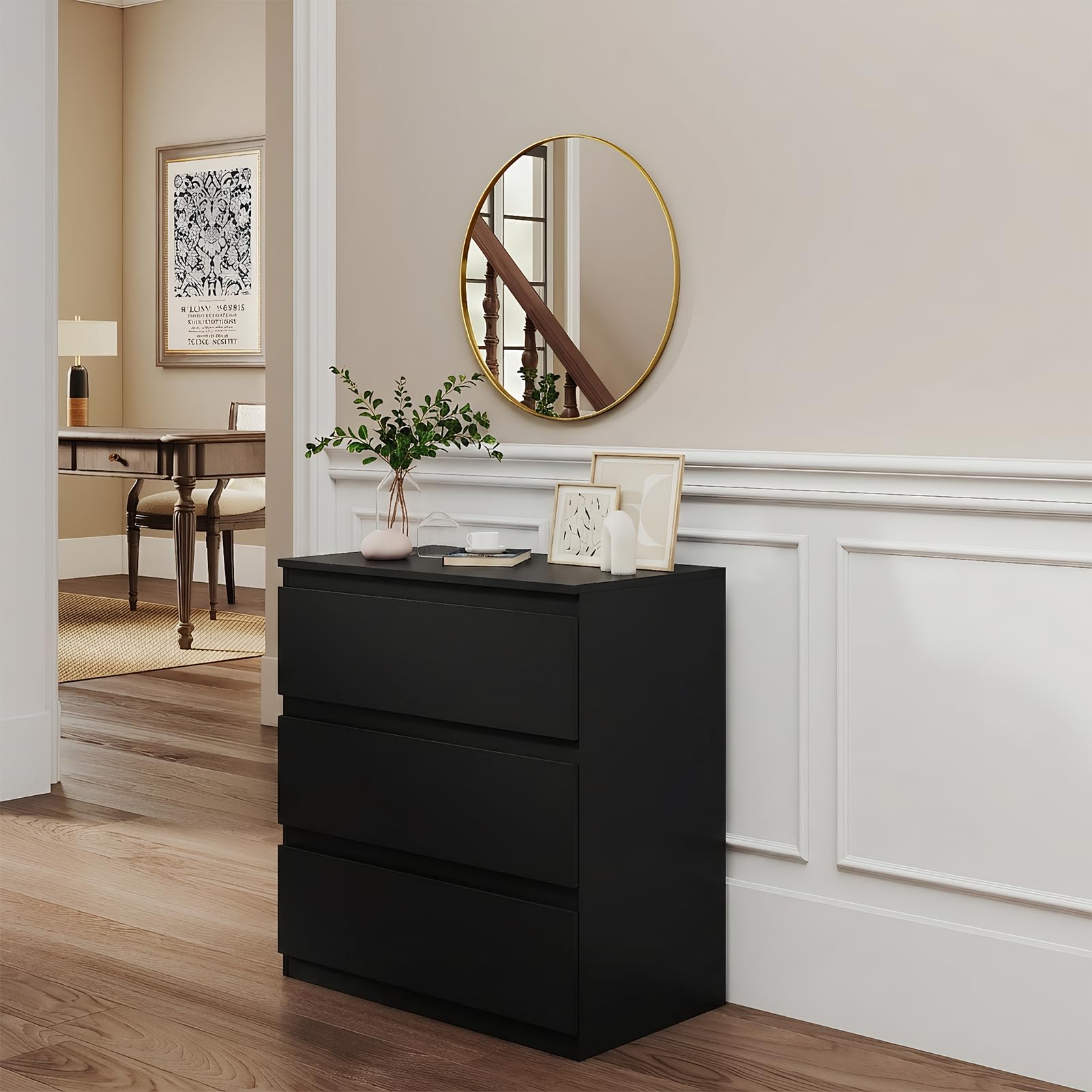 Cassettiera Camera da Letto con 3 cassetti, Mobiletto Salvaspazio in Stile Moderno, per Soggiorno Ingresso, 70 x 40 x 75cm, Nero | Comò Moderno in Legno Nero per Camera, Soggiorno, Ufficio, Corridoio