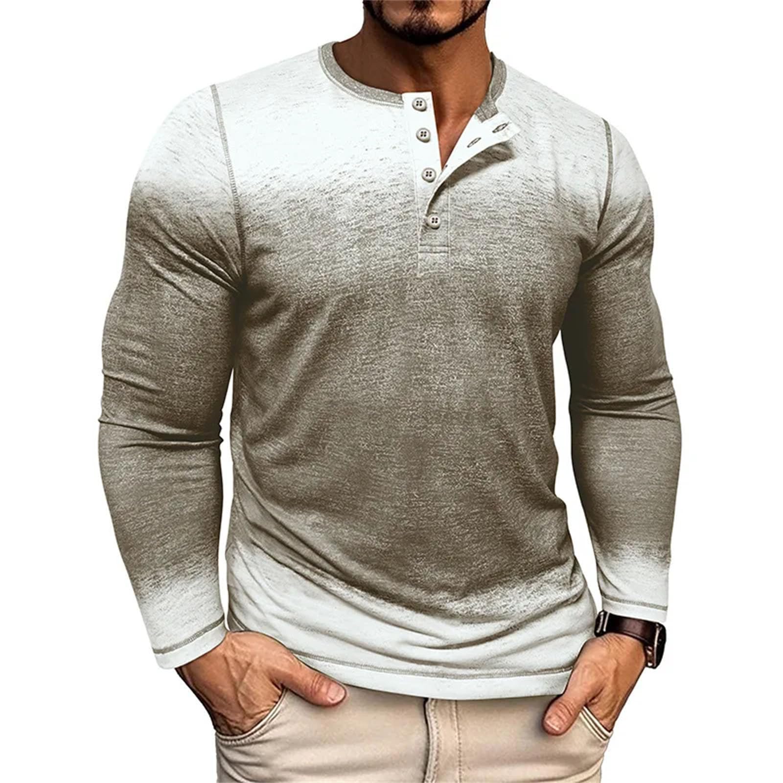 Maglietta da uomo con scollo rotondo retrò a tre bottoni, maniche lunghe, casual, traspirante, ampia e versatile