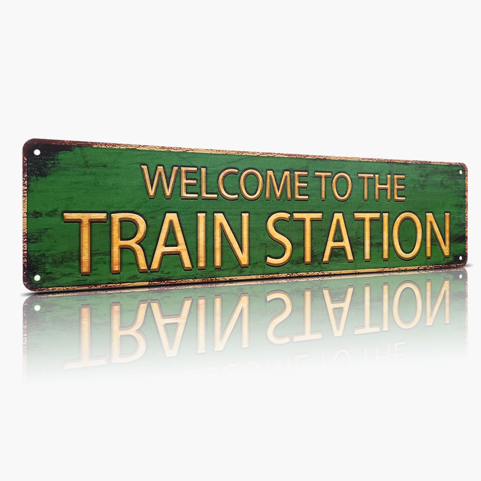 Welcome to The Train Station Sign Rustic Metal Wall Decor for Entryway,Garage,Farmhouse,or Bar Vintage Aluminum Tin Sign 4x16 Inch,Indoor/Outdoor Use