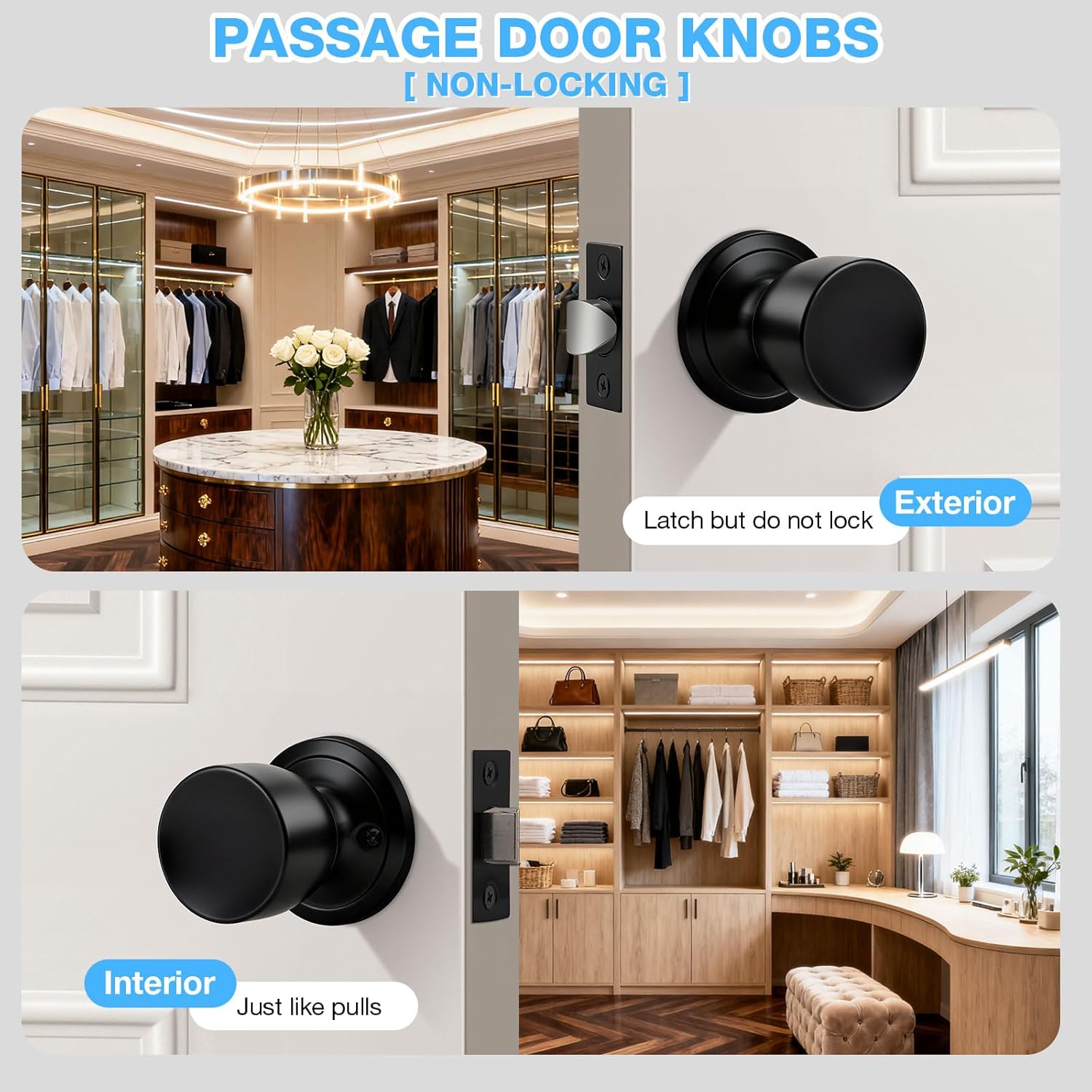 6 Pack Black Door Knobs Interior, Tulip Closet Door Knob Black Interior Door Knobs Matte Black Passage Door Knobs for Bedroom or Bathroom Interior Doorknobs Non-Locking Indoor Door Knobs