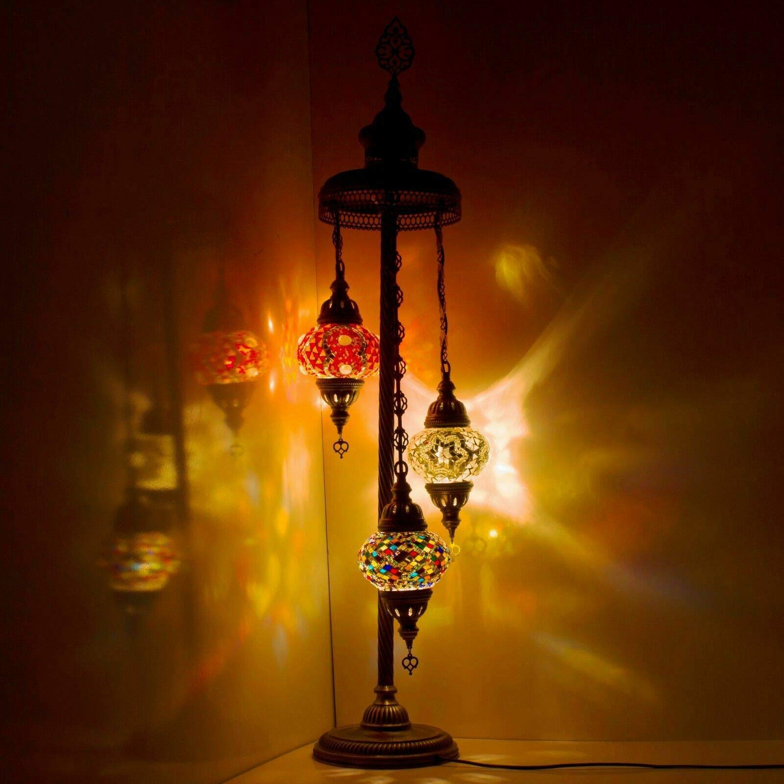 ENVA Turkish Moroccan Mosaic Floor Lamp Light, Handmade Glass Mosaic Multicolour Tiffany Floor Lamp Light 3 Medium Globe-with LED Bulb