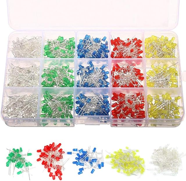 Gasea 750pcs 3mm Light Emitting Diodes 2Pin Round LED Bulb Lamp Assorted Kit for Electronic Components Parts | White Yellow Red Blue Green5 Colors x 150 Pcs