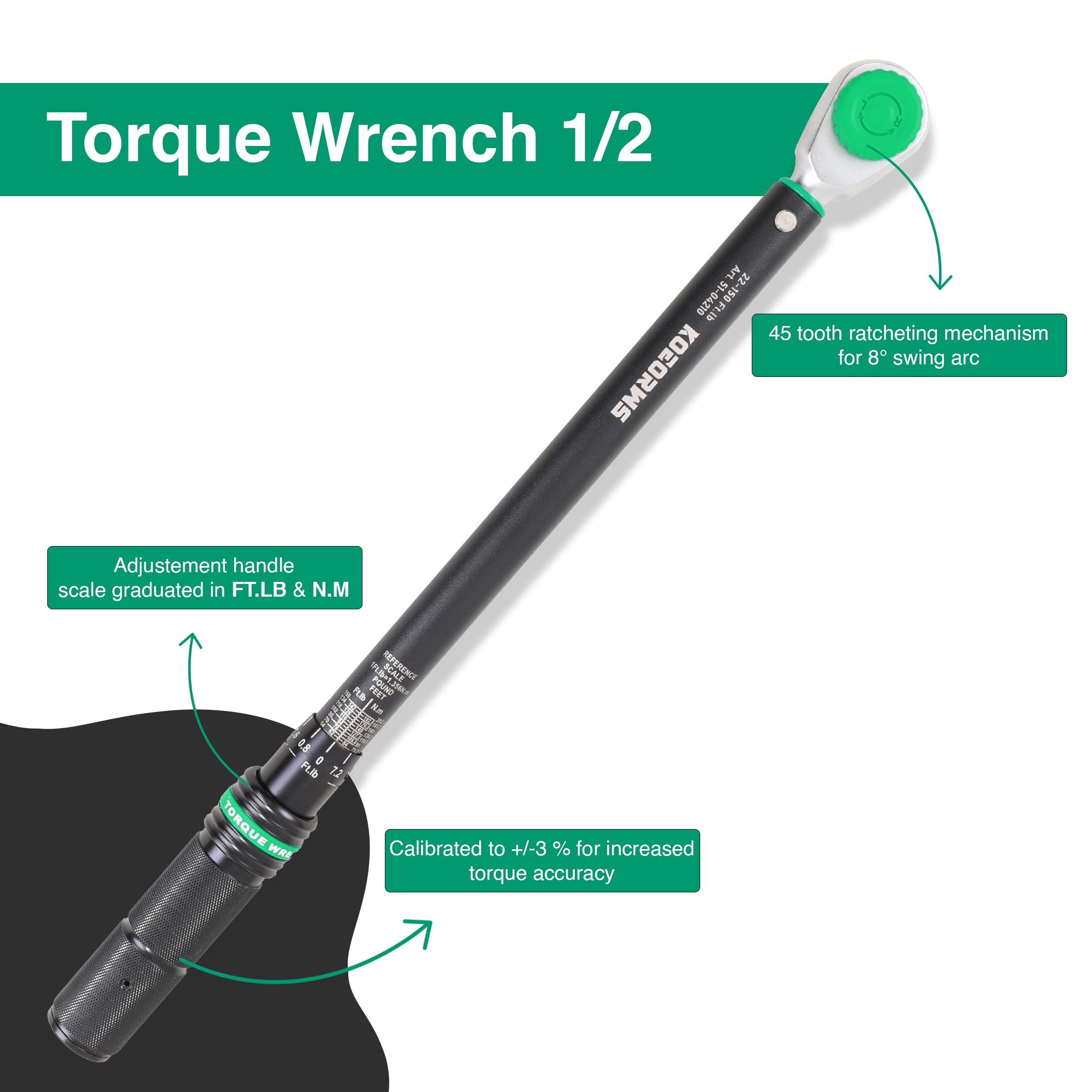 Snapklik.com : KOEORWS 1/2-Inch Drive Click Torque Wrench, 22-150 Ft.lb ...