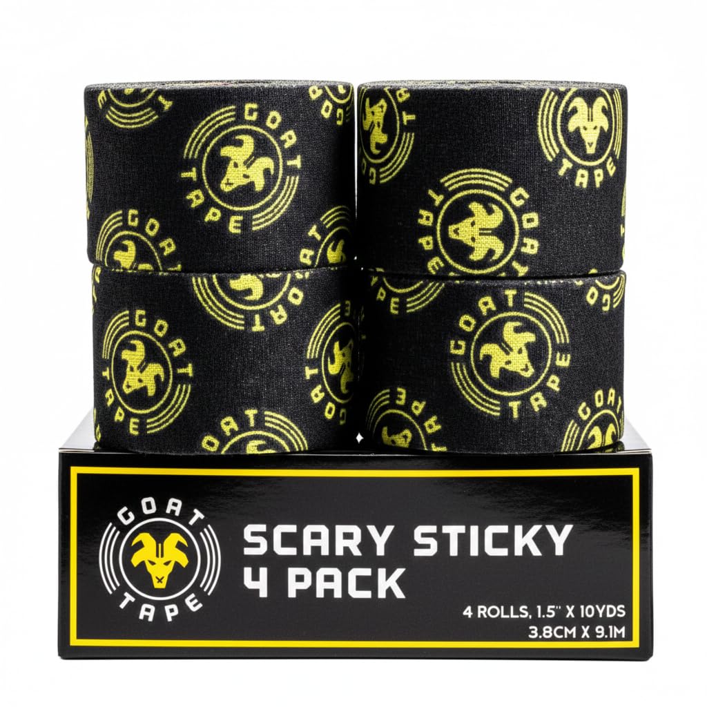 Goat Tape Scary Sticky Athletic Tape. Black Fabric with Yellow Ink Print. 1.5" x 10yds. Sold in Packs of Four Rolls Each