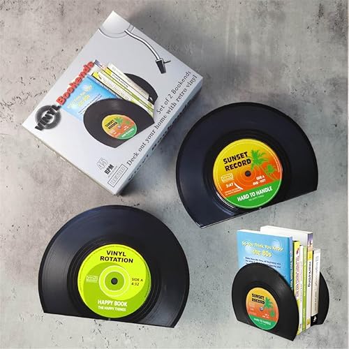 Miniatura 5 de Sujetalibros decorativos de vinilo retro para amantes de la época (sujetalibros de discos de vinilo, negro, 1 par)