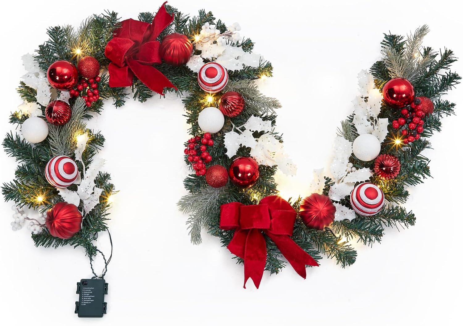 6ft Battery Operated Christmas Garland with 20 LED Lights & Timer, Pre-Lit Artificial Garland for Mantle, Staircase, Table, Indoor Outdoor Xmas Holiday Decor,Red Bow