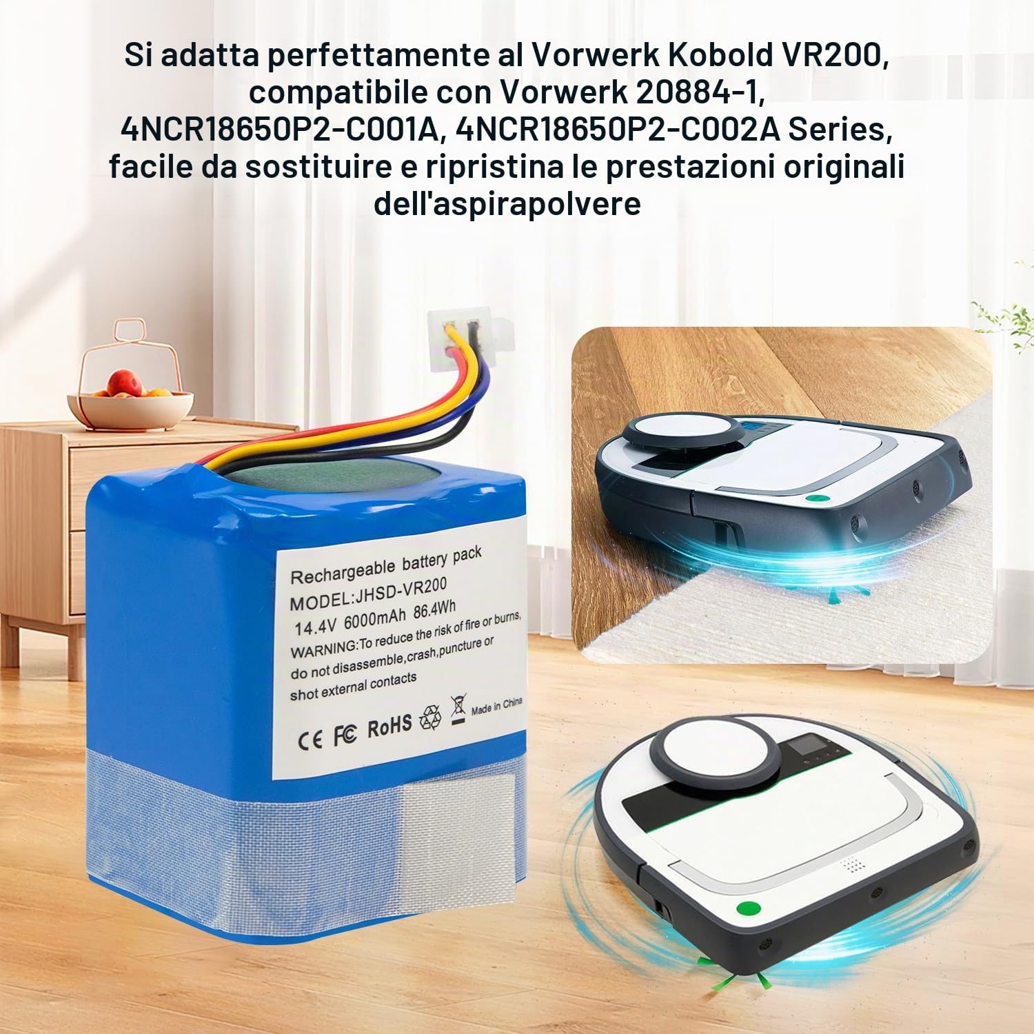 Batteria 6000 mAh compatibile con aspirapolvere Vorwerk Folletto VR200 Home Cleaner Robot domestico