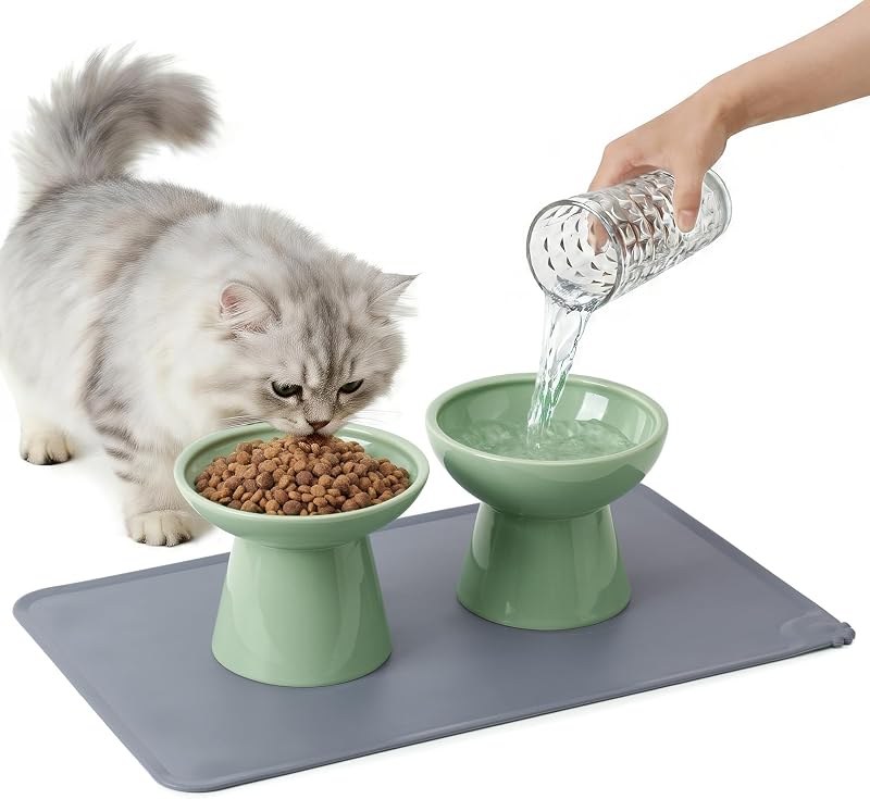 Potes Elevados de Cerâmica CEEFU para Gatos com Tapete Antiderrapante Verde Sálvia, Pacote com 2