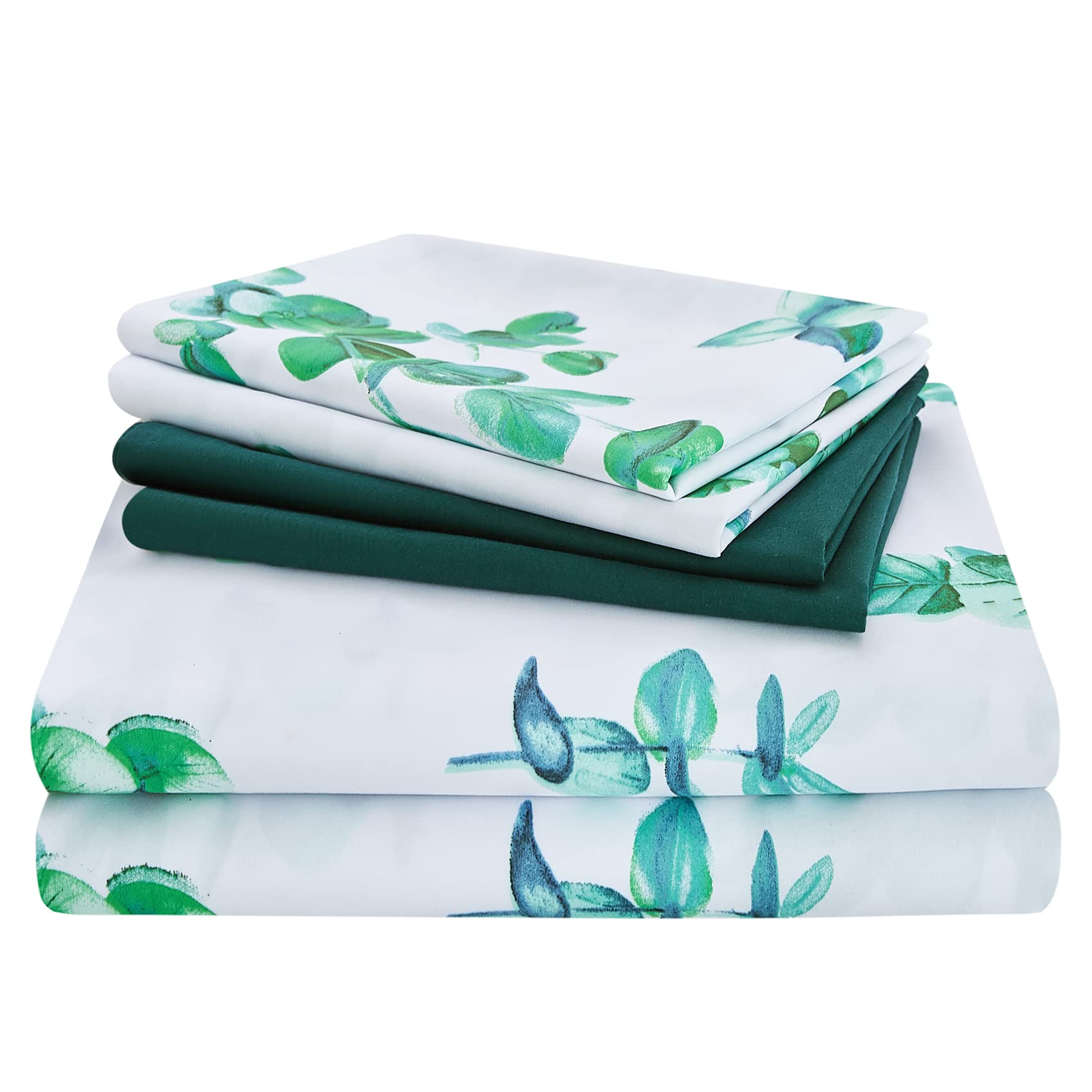 JSD6 Piece Green Eucalyptus Leaves Print Sheet Set Queen Size, Soft Botanical Microfiber Sheets and Pillowcases Deep Pocket