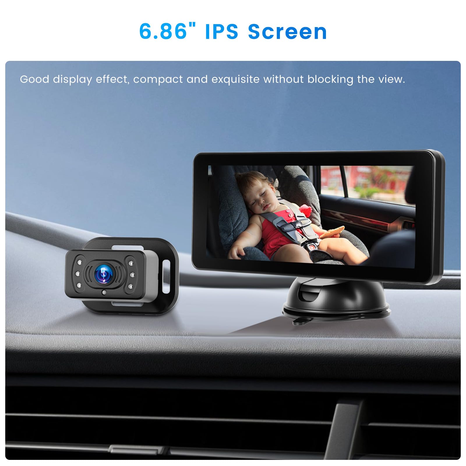 Monitor Bebé Coche con Cámara Pantalla IPS 6,9" Ventosa | Vigilancia Trasera Infantil. Visión Nocturna. Soporte Matrícula. DC 12V