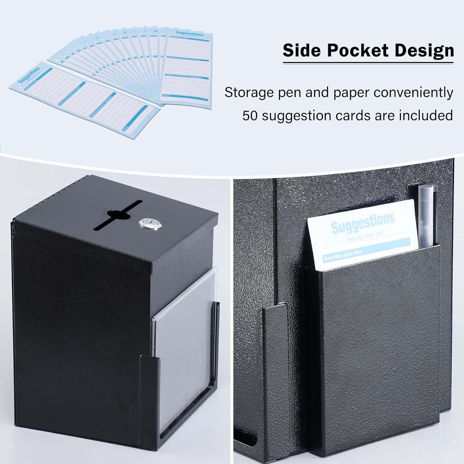 xydled Suggestion Box with Key Lock Acrylic Sign Holder, Metal Donation Ballot Drop Box with Slot Tip Jar for Office, Fundraising, Church, School,8.9''x7.1''x6.3'', Black