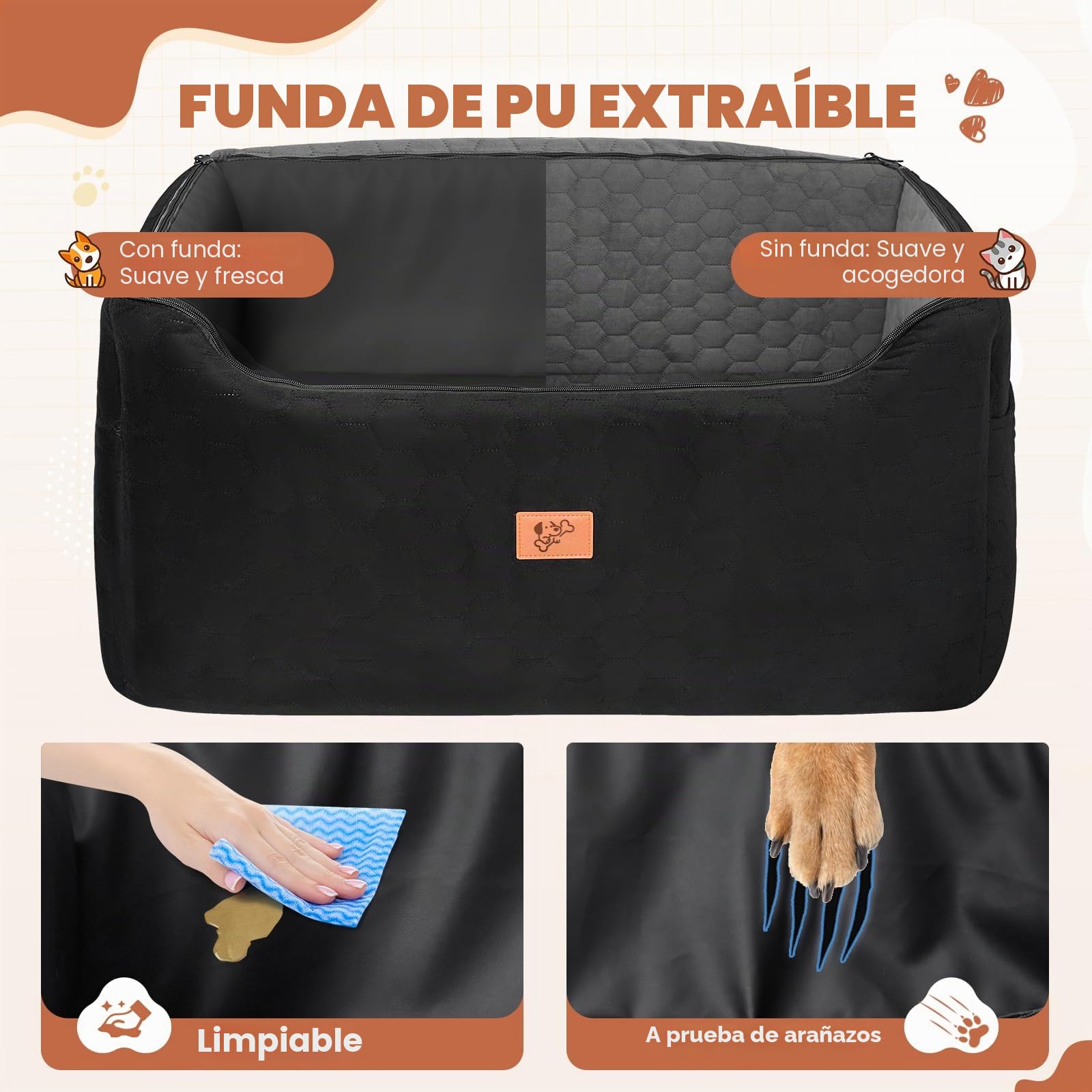 Asiento de Coche para Perros 78x55x53cm, Extraíble y Lavable para Medianos y Grandes, Incluye Correa para Perros Grandes y Pesados (con Funda de Piel Impermeable)