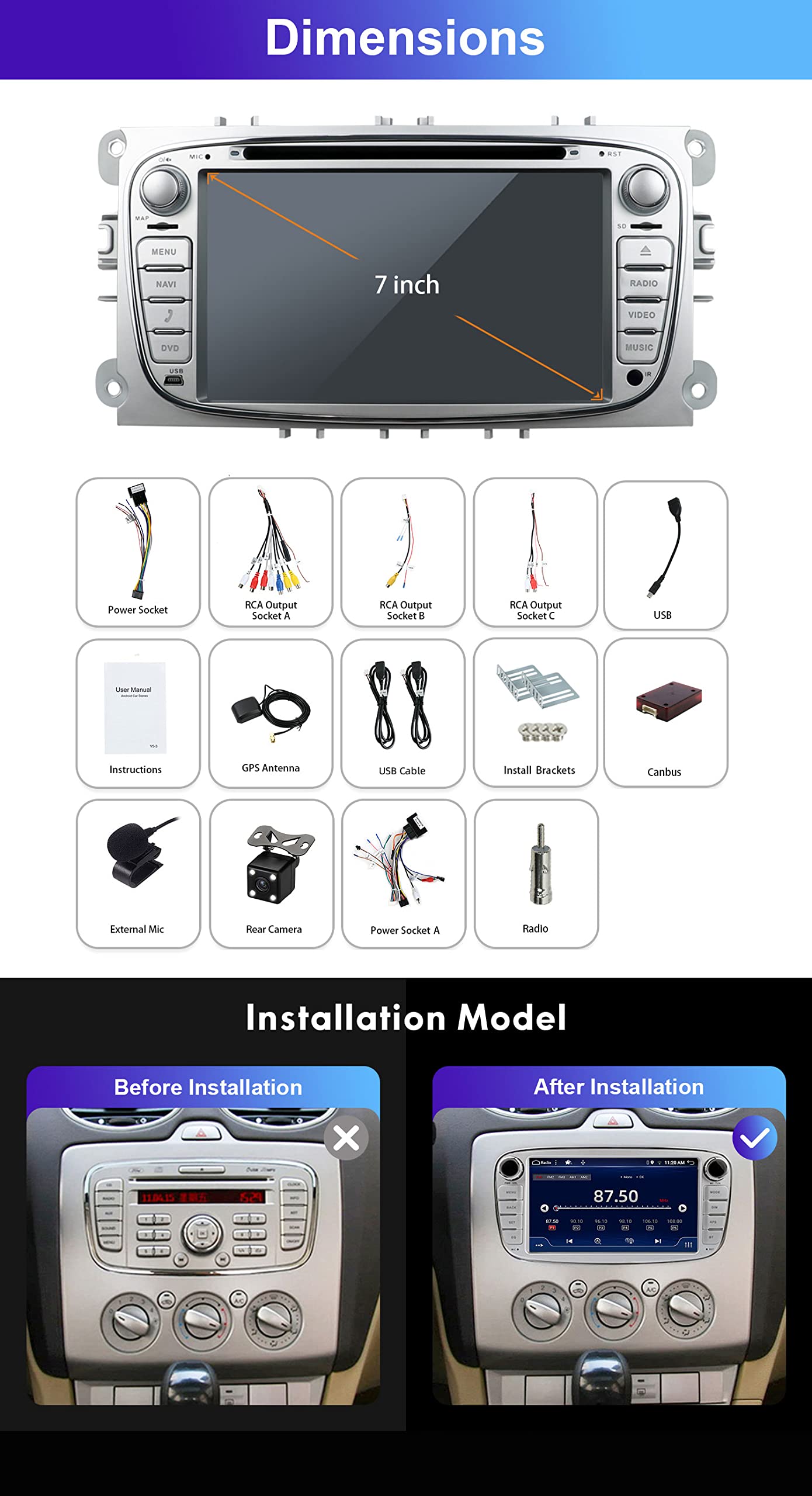 MISONDA 7inch IPS 4G+64G Android 15 Car Stereo For Ford Focus II/Mondeo MK4/C/S-Max Galaxy, Wireless CarPlay/Android Auto/DSP - Image 2