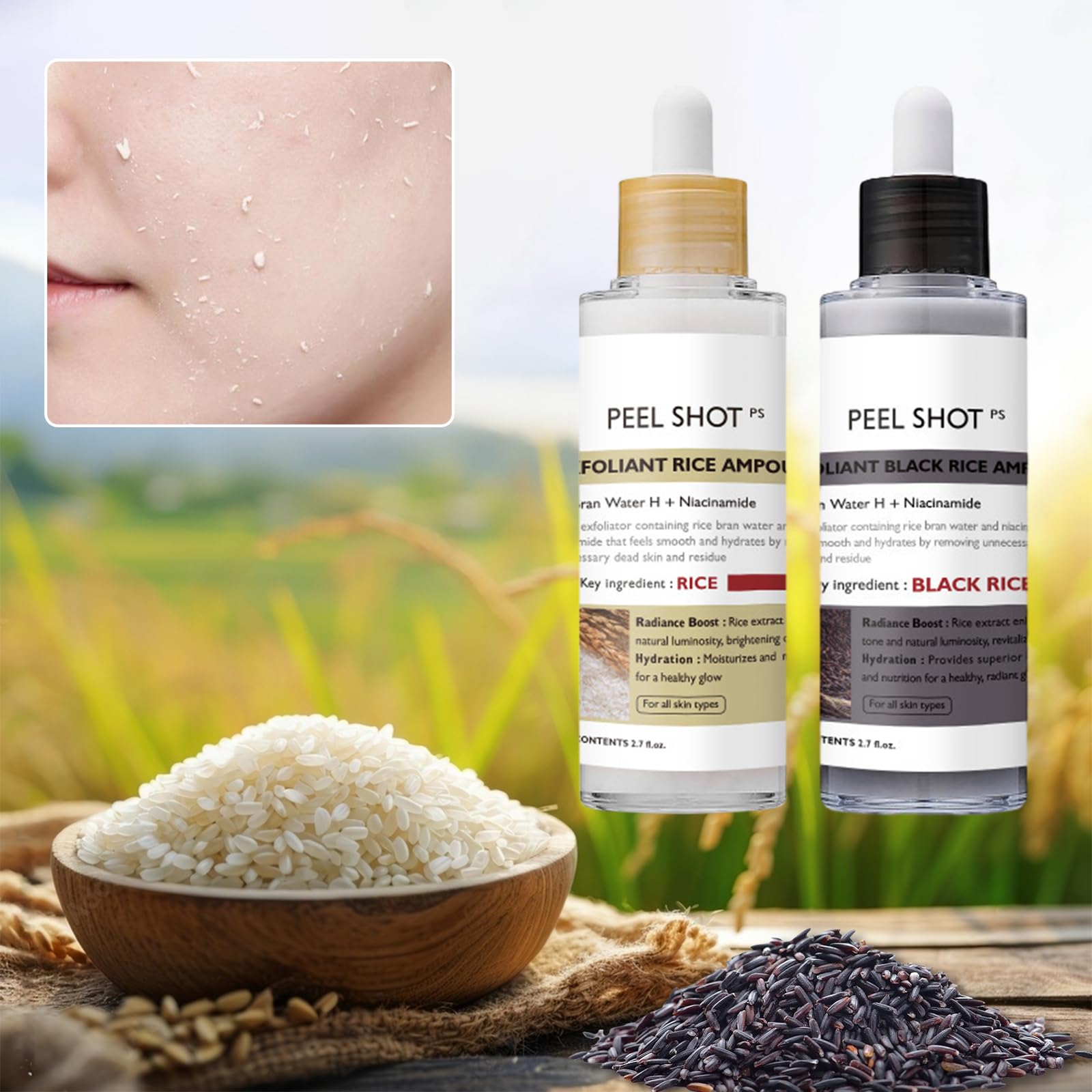 Siero Coreano Esfoliante al Riso, Peel Shot Glow Rice Ampoule Duo, Siero Esfoliante al Riso, Coreano Punti Neri Rimozione, Riduce Pori, Idratante e Illuminante, pelli sensibili (80ml* 2 Pack)