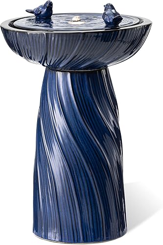 Miniatura 9 de Glitzhome Fuente de agua para jardín al aire libre de 27.5 pulgadas de alto con luz LED y bomba, color turquesa, dos pájaros en relieve, pedestal de