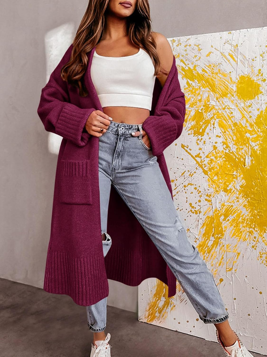 Danedvi Long Cardigan Sweaters for Women 2025 Fall Open Front Knit Oversized Cardigans Duster Coat with Pockets Burgundy - Image 2
