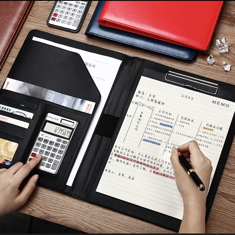 Porte-Documents Portfolio A4 Professionnel En Cuir Dossier De Conférencier Luxe Porte Document Conférence Cadeau Idéal Business Padfolio Case Homme Ou Femme(Black+12-digit calculator)