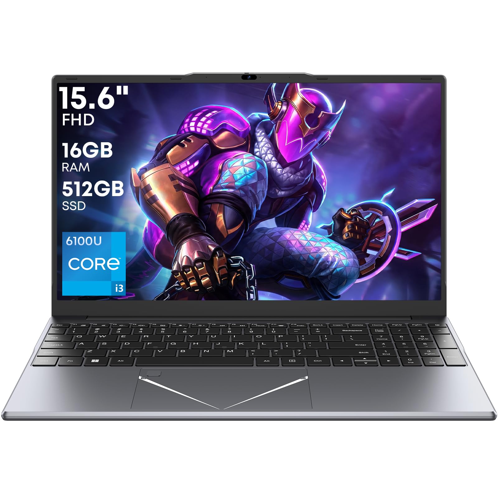 15.6" Laptop Computer, i3-6100U, 16GB RAM 512GB SSD, FHD IPS Display, Fingerprint Unlock, Win11 Pro & Office Suite Included, Dual Band WiFi, BT4.0, Lightweight Notebook PC for Business & Study Gray