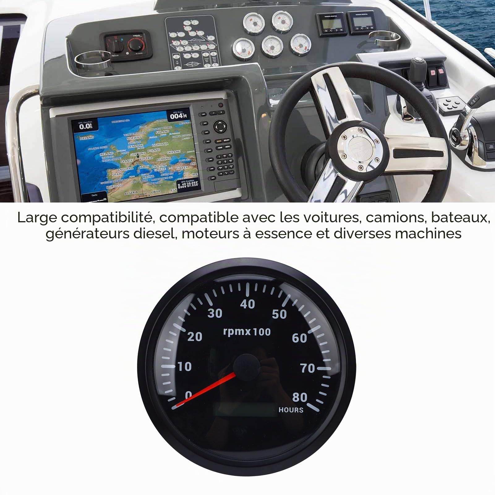 Compteur de Vitesse de Moteur de Bateau, Tachymètre, 110 Mm, 4-3/8 Po, avec Rétroéclairage 7 Couleurs, pour Voiture, Camion, Bateau, Camping-car, Tracteur, Engins (Cadran noir
