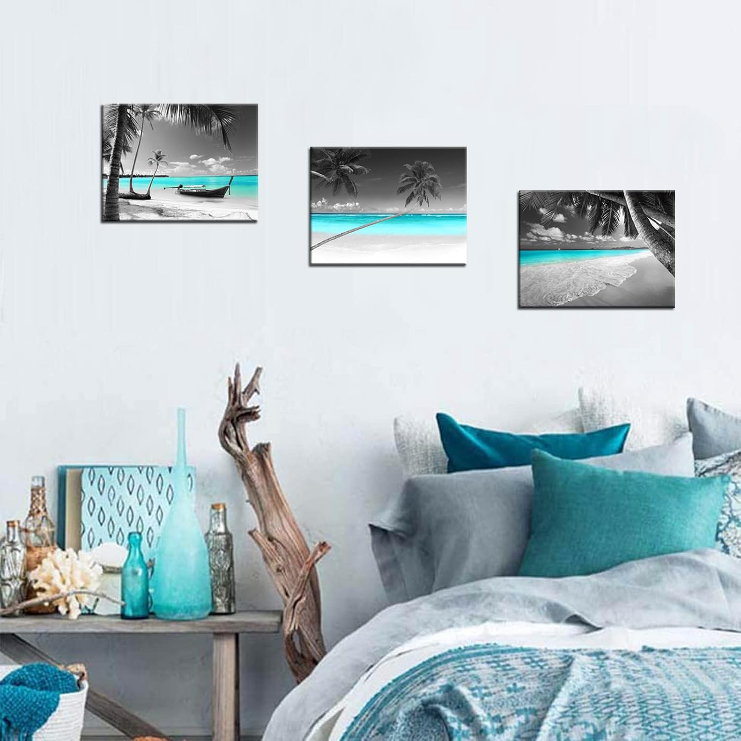 Biuteawal 3 Piece Black and White Beach Canvas Wall Art Turquoise Seascape Pictures Tropical Palm Tree Sailboat Painting Hawaii Artwork for Bedroom Bathroom Decoration Gallery Wrap Ready to Hang - Image 3