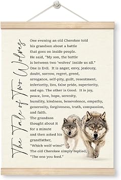 Wolfs Canvas Poster Decor, Tale of Two Wolves Prints Linen Poster, Posters Framed with Wood Hanger, Modern Farmhouse Home Decor