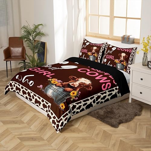 Miniatura 2 de Juego de funda de edredón de vaca de las montañas, color marrón oscuro, para niñas y niños, funda de edredón de cuerno largo, diseño de animales de