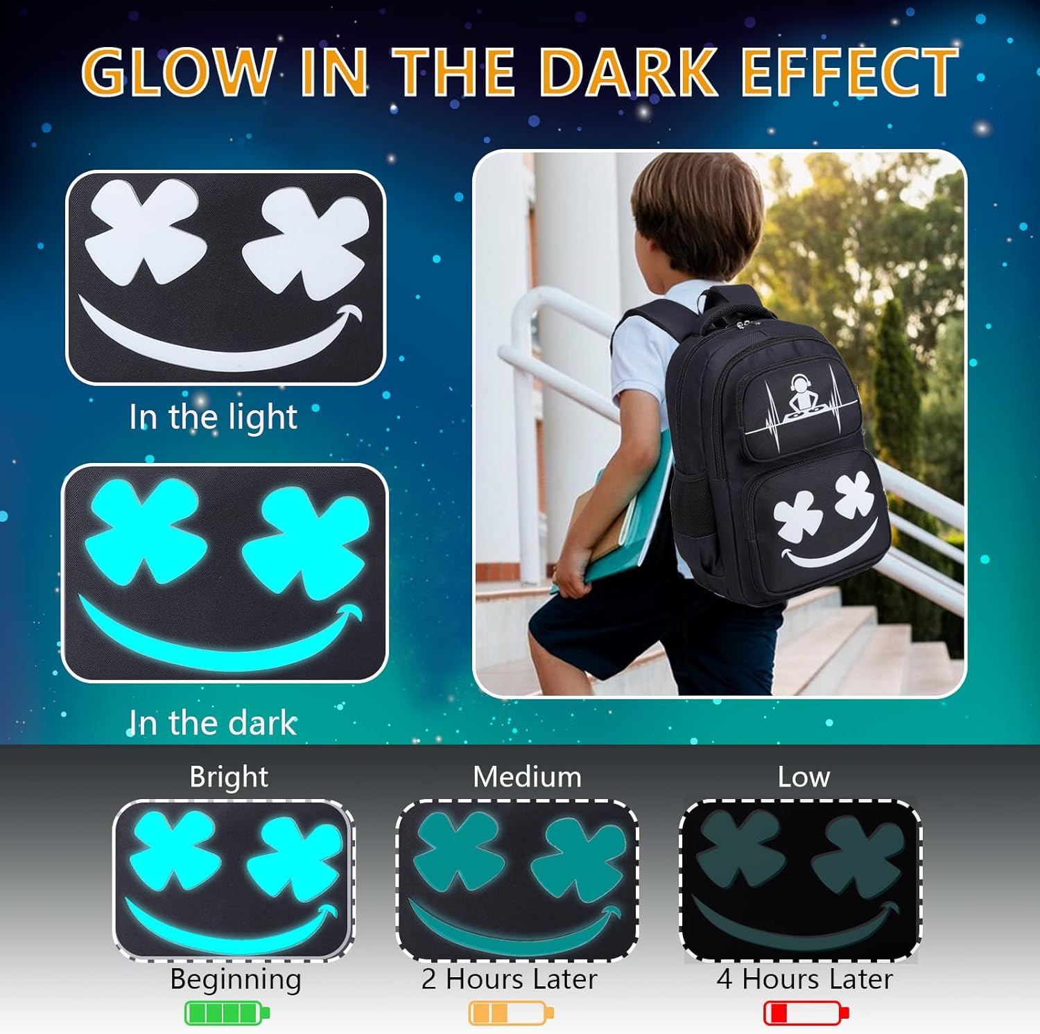 Boys Backpack with Lunch Box Glow in Dark Kids Ages 4-12 Kindergarten Elementary Middle School Teens Bookbag Mochilas Para Niños, Luminous Face Black - Image 3