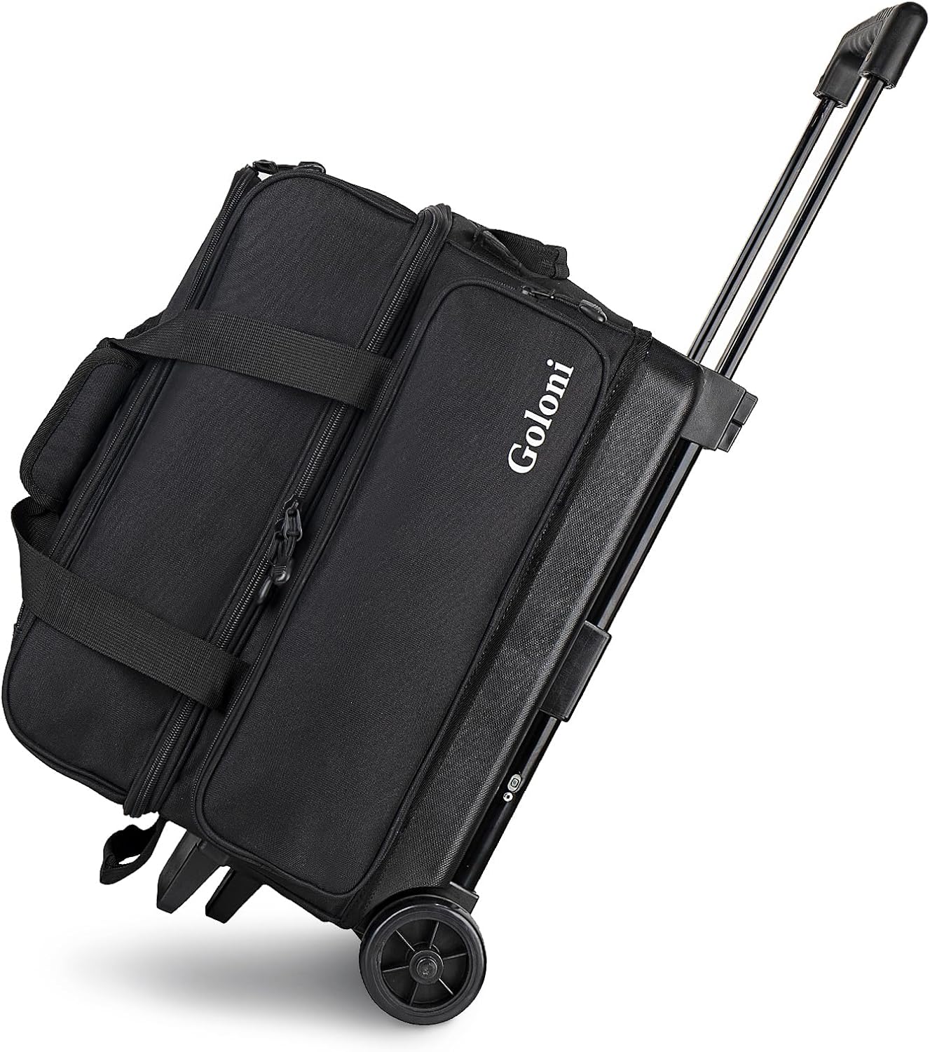Goloni Double Roller 2 Ball Bowling Bag with Separate Shoe Compartment,2 Ball Bowling Bag with Wheels,Retractable Handle Extends to 40" Black