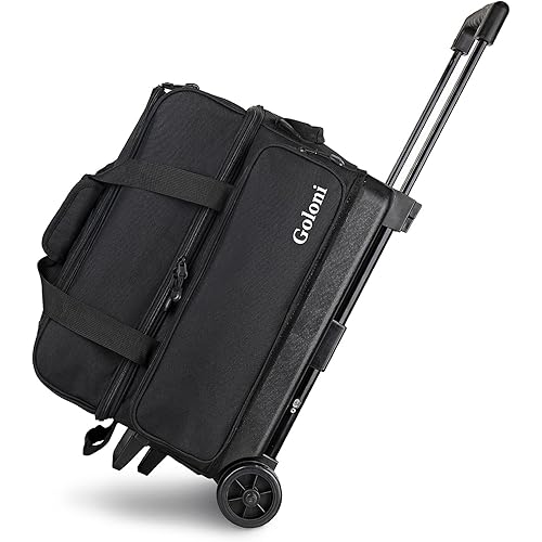 Goloni Double Roller 2 Ball Bowling Bag with Separate Shoe Compartment,2 Ball Bowling Bag with Wheels,Retractable Handle Extends to 40"