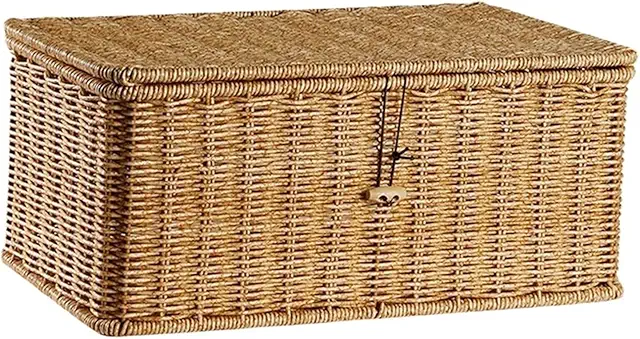 Handwoven Storage Basket with Lid - Large Rectangular Braided Container for Home Organization