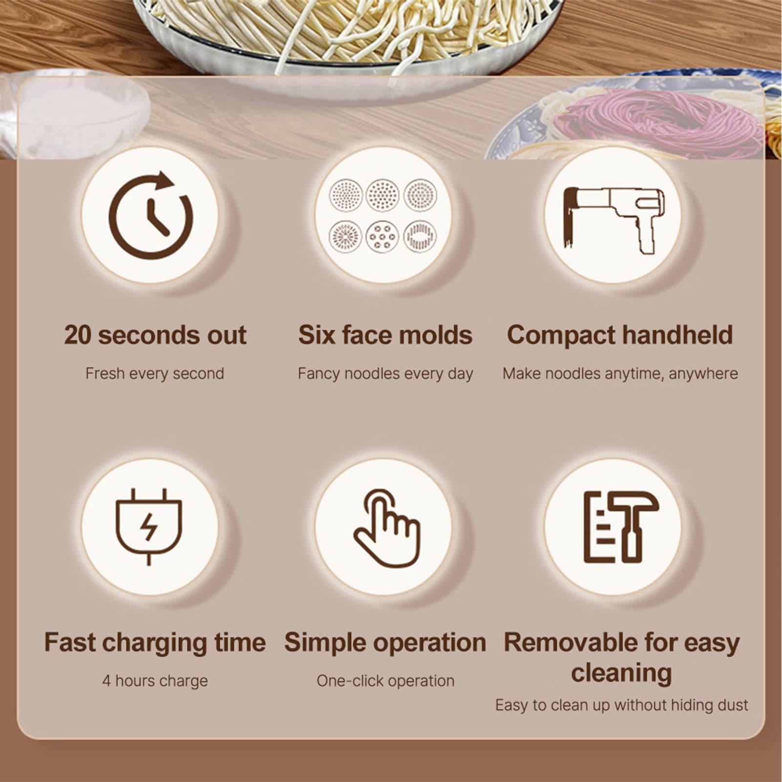 Automatic Pasta Maker Machine, Household Electric Noodle Press, Handheld Electric Noodle Maker 6in 1 Cordless Portable Spaghetti Noodles Maker with Dough Cutter