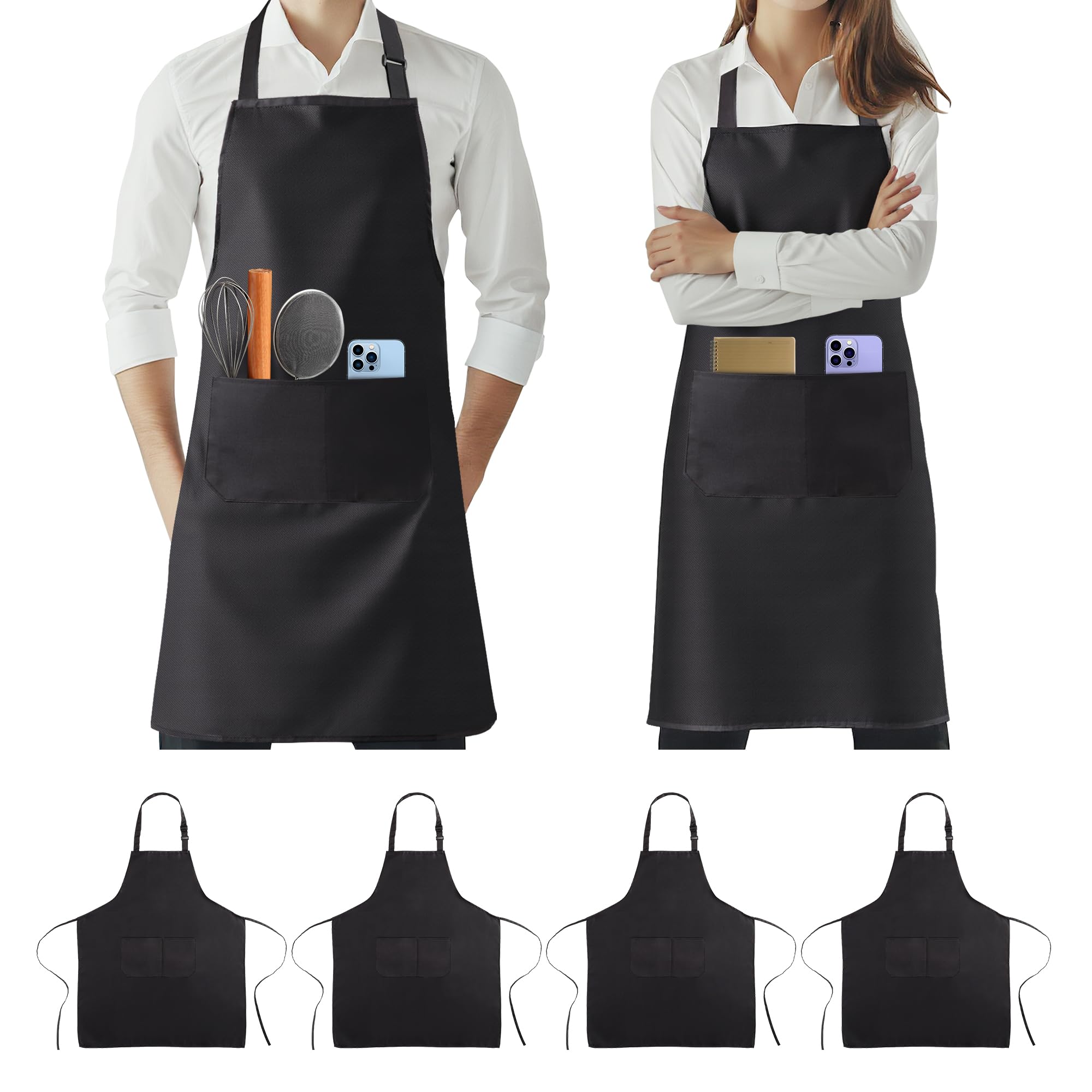 Goldeluxe Set de 4 Delantales Cocina Hombre Mujer (68x80 cm), Delantal Impermeable con 2 Bolsillos Grandes, Delantal Personalizado Ajustable para Cocina, Barbacoa, Jardín y Camarero